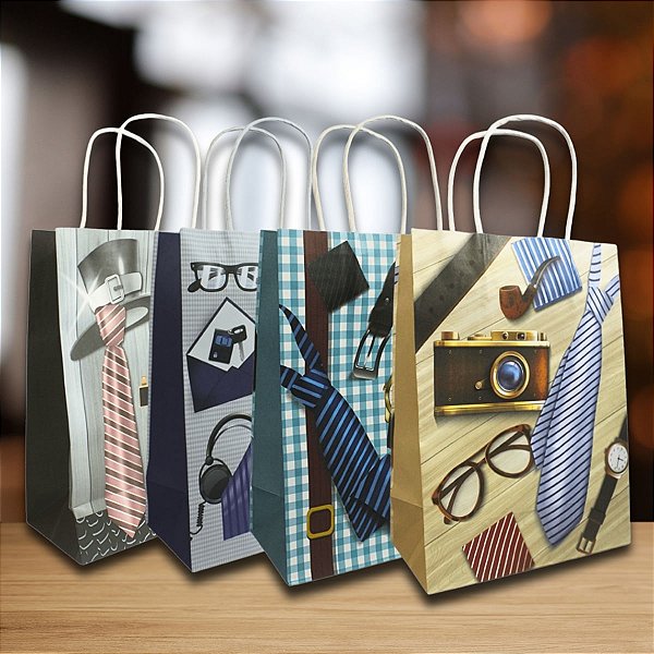 Kit 12 Sacolas de Papel para Presente Masculino 15x8x21cm