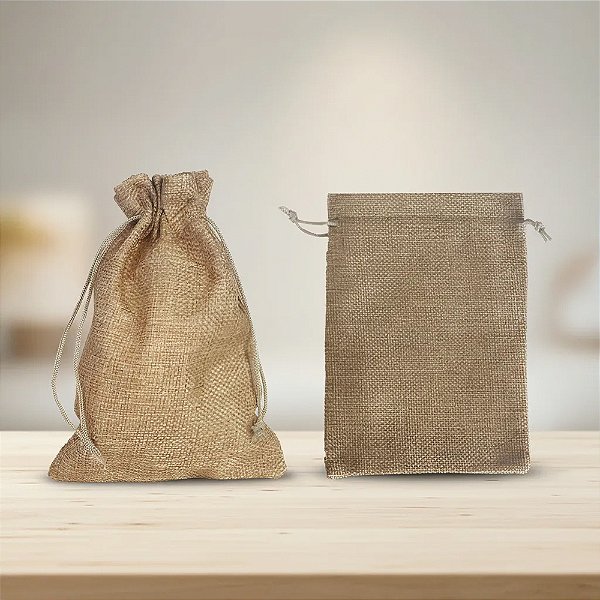 Kit com 10 Saquinhos de Juta 14x20 cm Cor Dourado com Cordão para Fechamento