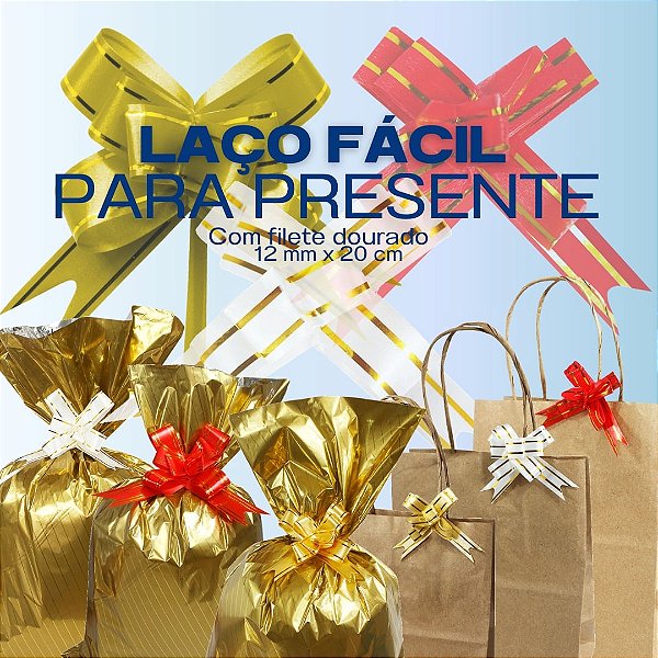 200 Unidades Laço Fácil Fio Dourado 12mm x 23cm Sortidos