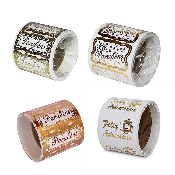 Etiqueta Adesiva para Presente Rolo com 100 Etiquetas Tema Feliz Aniversário