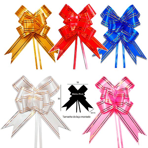 Kit 100 Laços Fácil com Fio Dourado 50mm x 78cm Sortido