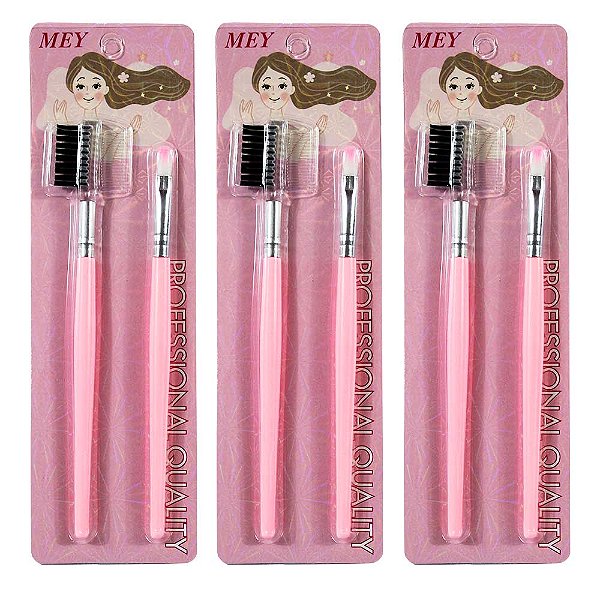 3 Kits De 2 Pincéis de Maquiagem Escovinha Pente Para Sobrancelha e Pincel Rosa