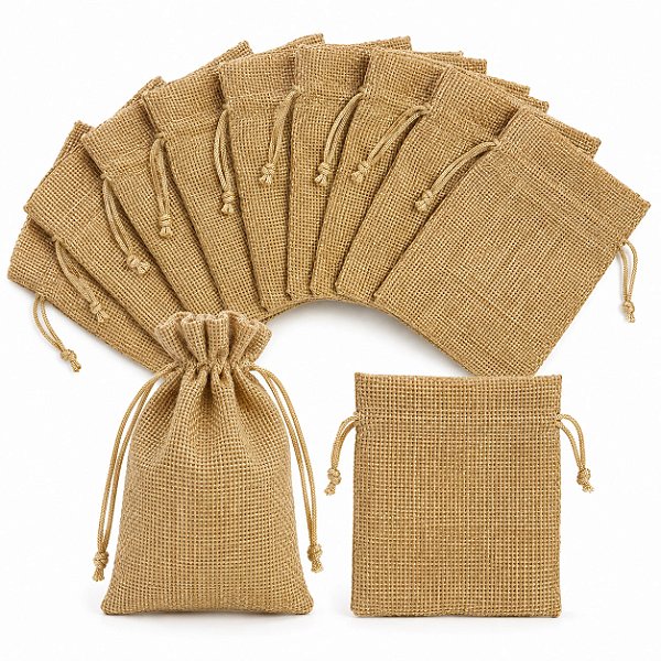 Kit com 10 Saquinhos de Juta 10x15 cm Cor Dourado com Cordão para Fechamento