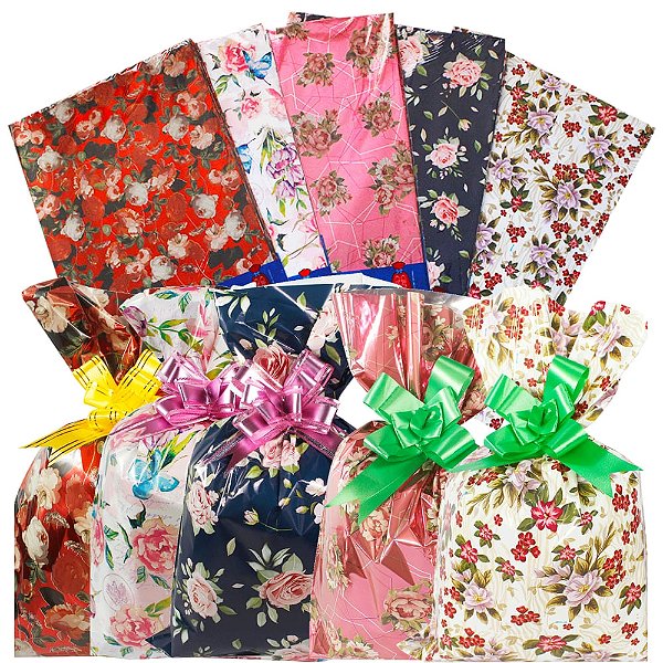 50 Sacos de Presente Femininos Tema Floral Sortidos 30x44 cm