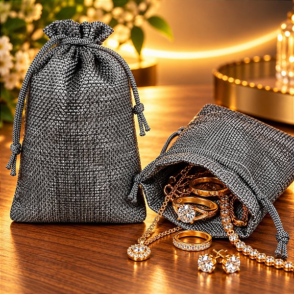 Kit com 10 Saquinhos de Juta 12x17 cm Cor Cinza com Cordão