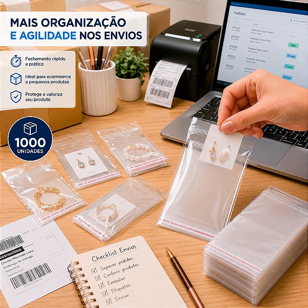 1000 Unidades saco Plástico Adesivado SEM Solapa 7x12+3 cm