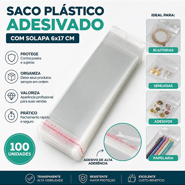 Saco Plástico Adesivado c/ Solapa 6x17 cm - 100 unidades ED0283