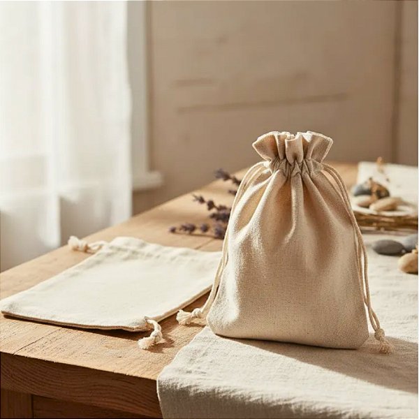 10 Sacos de algodão Cru 8x10 cm com cordão para fechamento