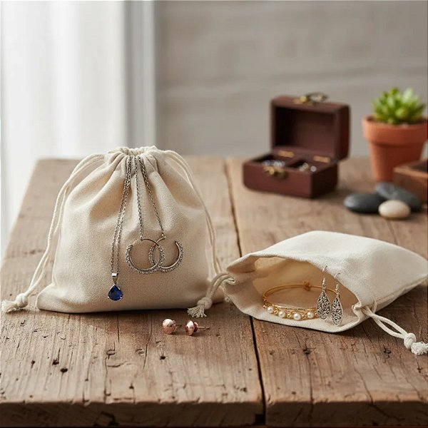 10 Sacos de algodão Cru 12x17 cm com cordão para fechamento