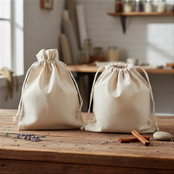 10 Sacos de algodão Cru 14x20 cm com cordão para fechamento