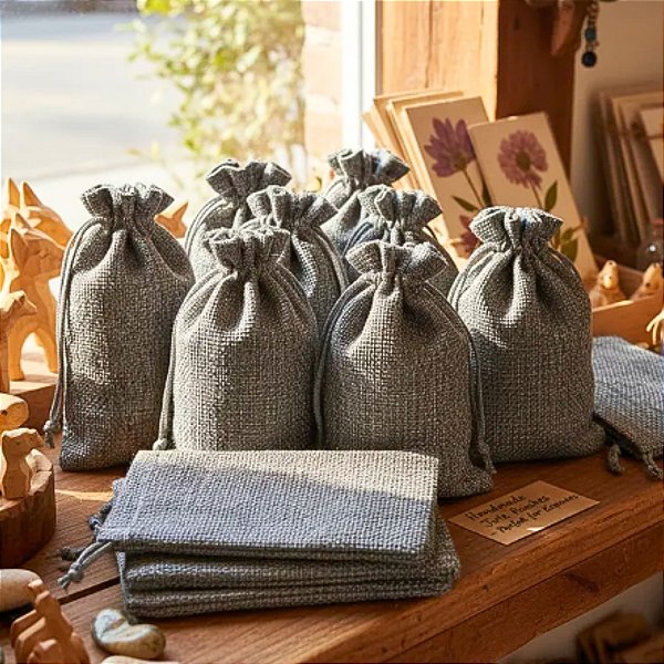 Kit com 10 Saquinhos de Juta 14x20 cm Cor Cinza com Cordão