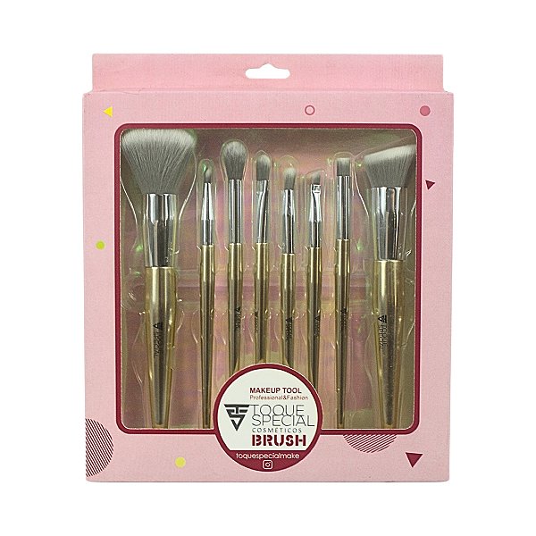Box Com Kit De 8 Pincéis Para Maquiagem cor Dourado