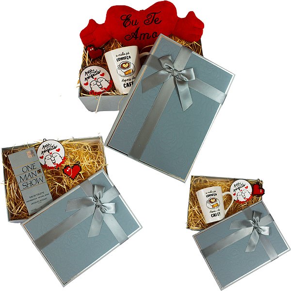 Kit 3 Caixa Para Presente Retangular Cinza Com Fio Dourado