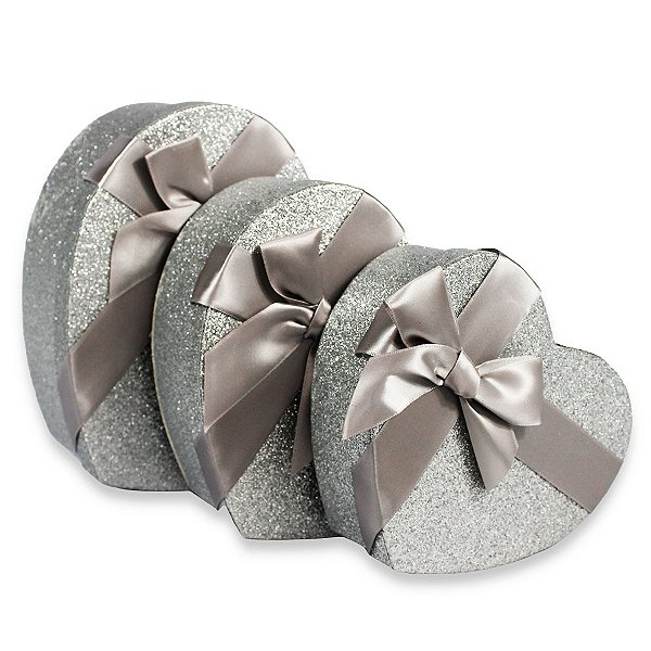Kit 3 Caixas De Presente Modelo Coração Prateado com Gliter Material Resistente