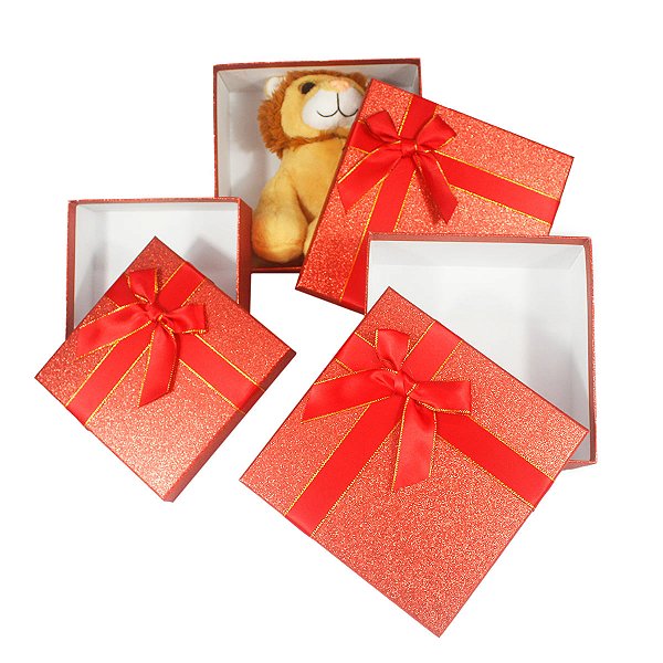 Kit com 3 Caixas Para Presente Vermelhas com Gliter Quadrada