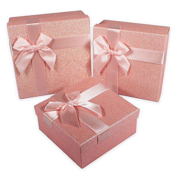 Kit com 3 Caixas De Presente Rosa Com Gliter e Laço Decorativo 3 Medidas
