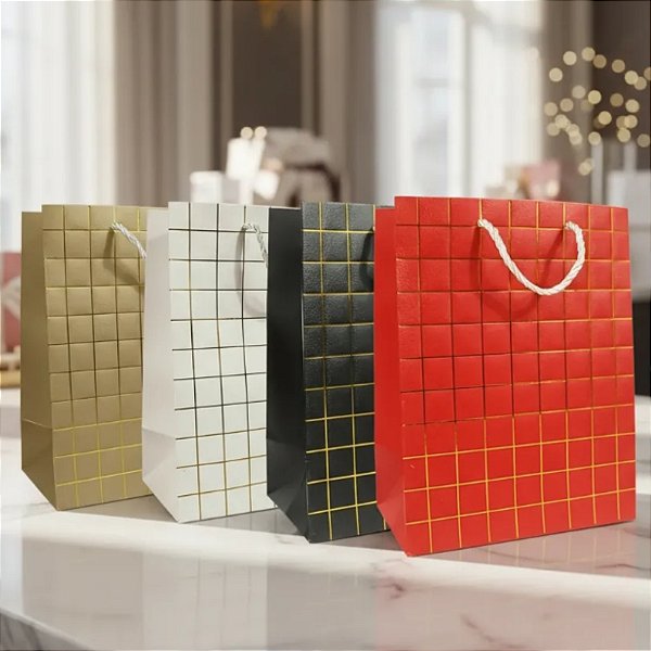 12 Sacolas de papel Sortido de Luxo Quadriculada 26x32x10cm