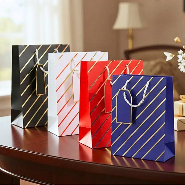 12 Sacolas Sortido de papel Listras Dourada 23x18x10cm