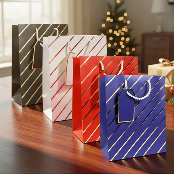 12 Sacolas Sortidas de papel Listras Dourada 26x32x10 cm