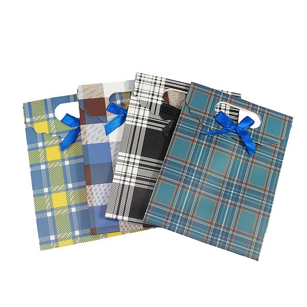 Kit 12 Sacolas de Papel Kraft Xadrez com Laço 16x12x6cm