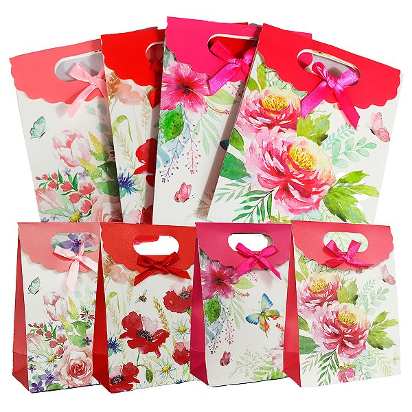 Kit 12 Sacolas Kraft Florais com Laço de Cetim Tm 27x19x9cm