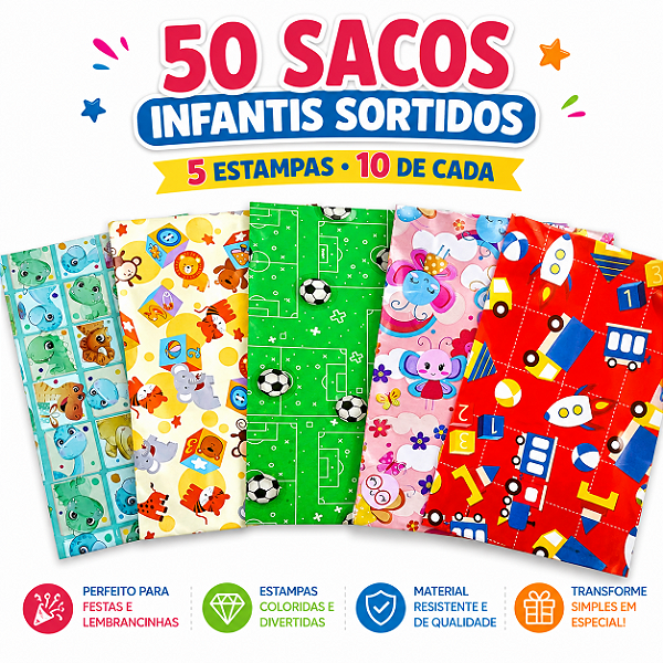 Kit 50 Sacos Presente Infantil Sortidos 5 Estampas Festa