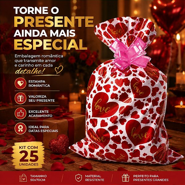 25 Unidades de Saco Presente Tamanho 50x70 Tema Romantico