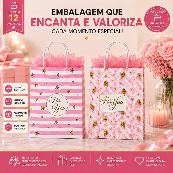 12 Sacolas de Papel Para Presente 15x8x21cm Com Alça Rosa