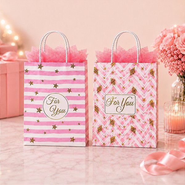 12 Sacolas de Papel Para Presente 15x8x21cm Com Alça Rosa
