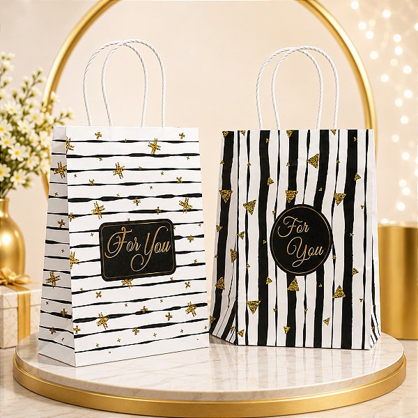12 Sacolas de Papel Para Presente 15x8x21cm Com Alça Listras