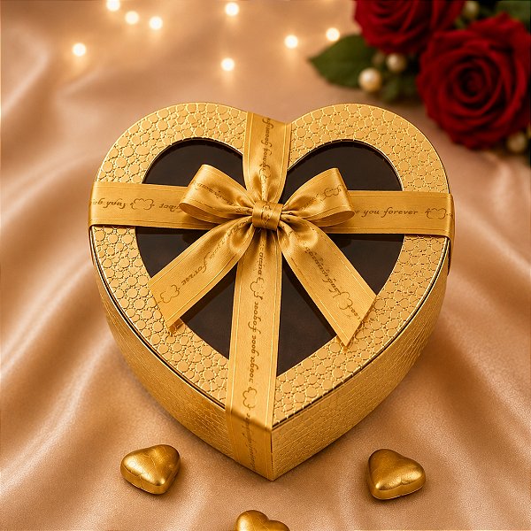 Caixas Coração com Visor Presente Luxo Decorada Dourado