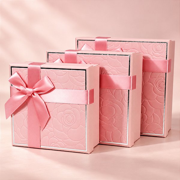Caixa Para Presente Rosa com Laço decorativo Kit 3 Peças
