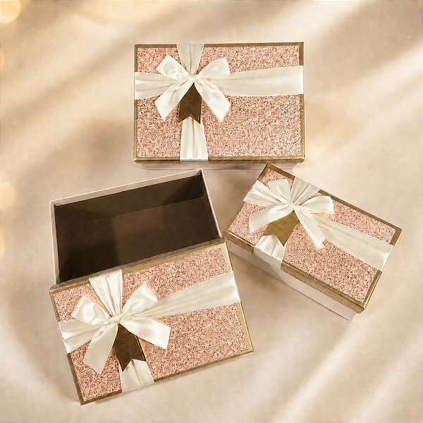 3 Caixas de Presente Retangular com laço Rosa com Gliter