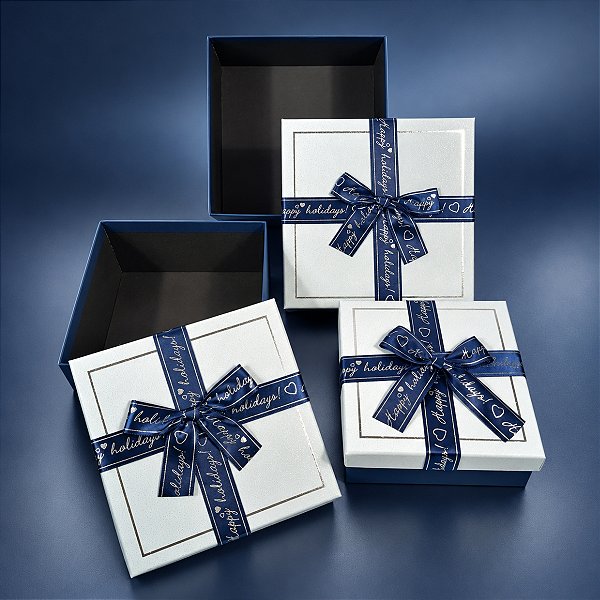 3 Caixas Presente Quadradas com Laço Decorativo Azul Claro