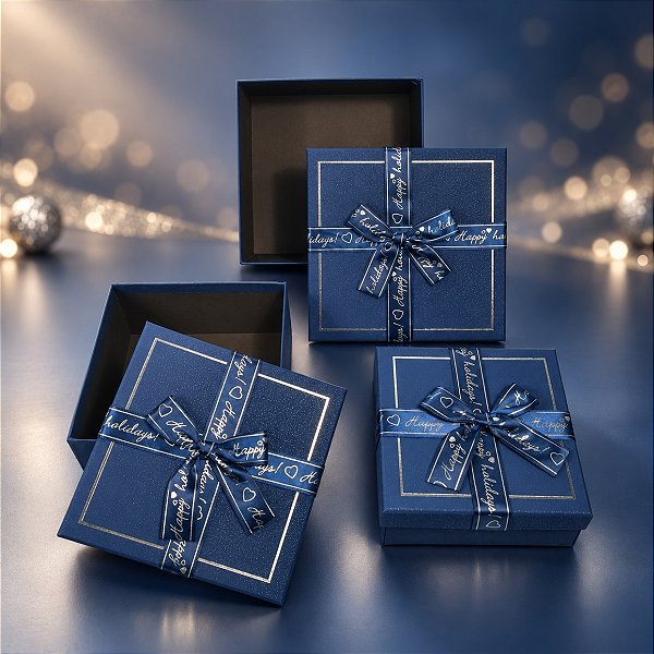 Kit 3 Caixas Presente Quadradas com Laço Decorativo Azul