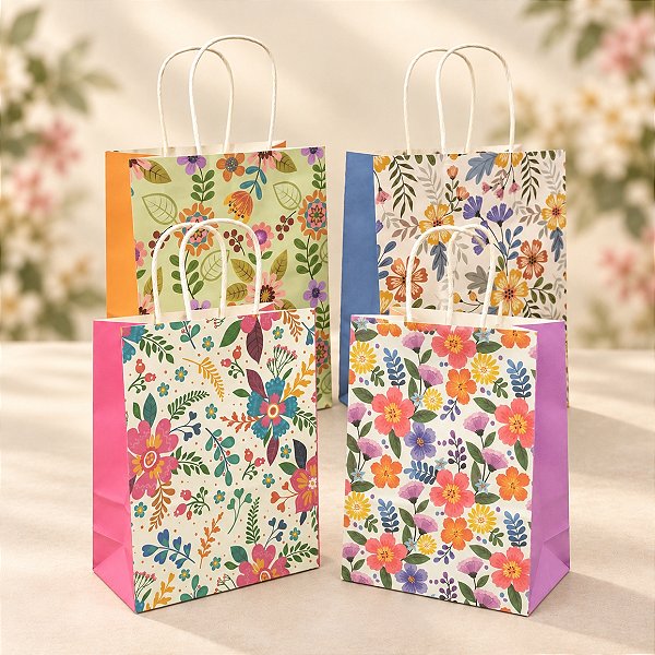12 Sacolas de Papel  Para Presente 18x9x25cm Flores Sortido