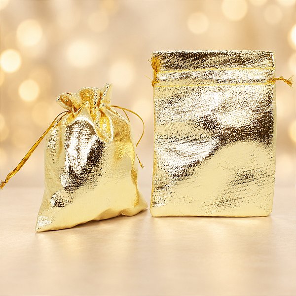 Saco Lamê Dourado Tamanho 9x12cm, Pacote 10 unidades Dourado