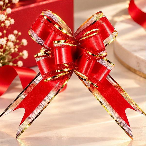 50 Laços Fácil 50mm Organza com Poliéster e Filete Dourado