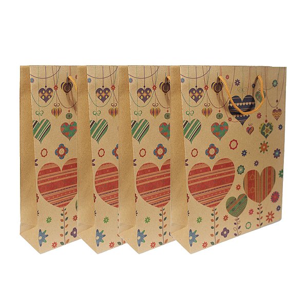 Kit 12 Unidades Sacolas Kraft 24,5x19x8 Estampa Corações
