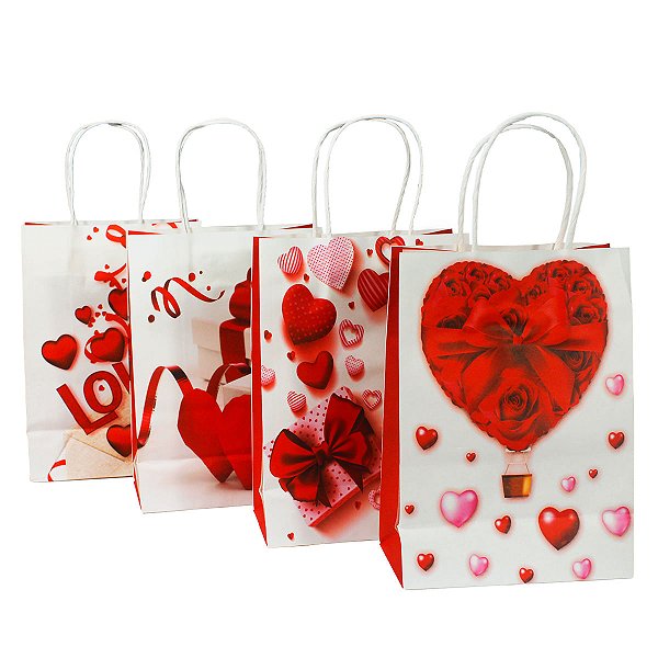 Kit com 12 Sacolas tema Romantico  25,5x18,5x9,5 cm