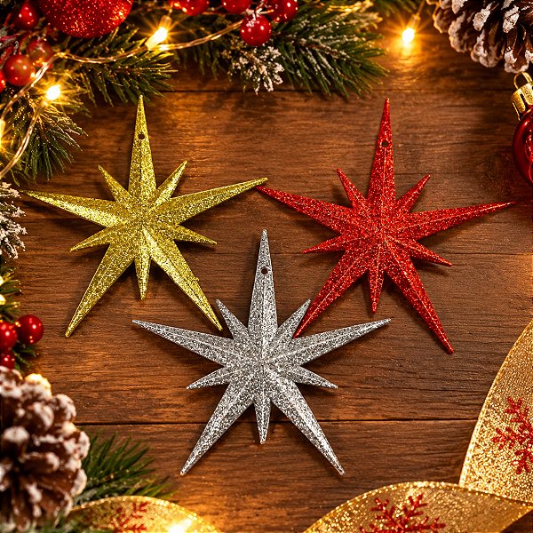 3 Enfeites Natalino Formato Estrela 11x11cm Para Pendurar