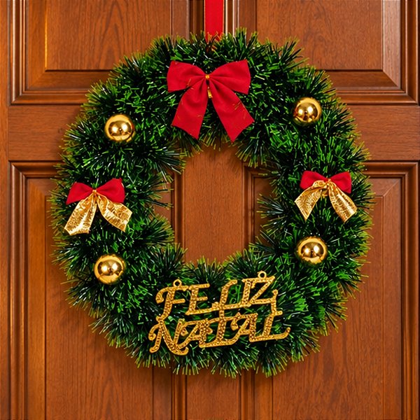 Guirlanda Natalina Verde com Laço Vermelho 30 cm Feliz Natal