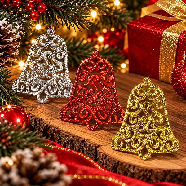 3 Enfeites  Natalino Para Pendurar Sinos com Glitter  7x9cm