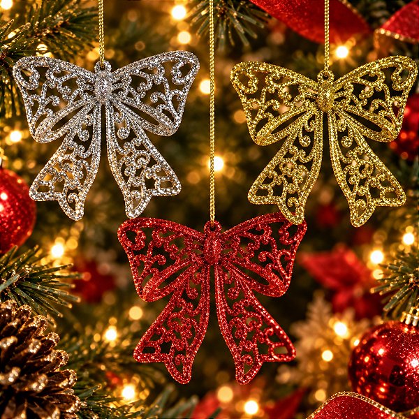 3 Enfeites  Natalino Para Pendurar Laço com Glitter  8x10cm