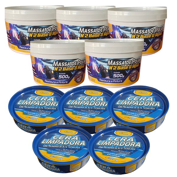 KIT 5 MASSA POLIR N2 BASE AGUA 500G+5 CERA RESTAURADORA 200G