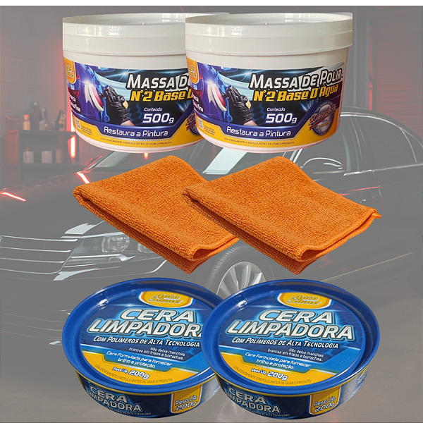 KIT 2 MASSA POLIR + 2 CERA RESTAURADORA + 2 PANO MICROFIBRA
