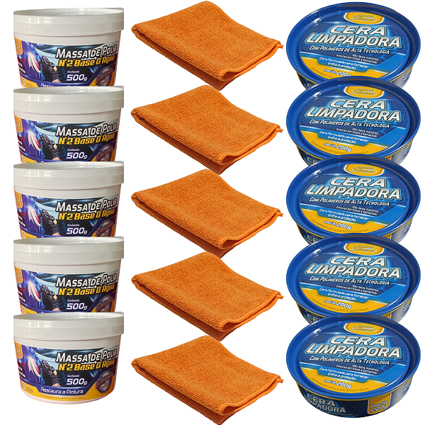 KIT 5 MASSA POLIR + 5 CERA RESTAURADORA +  5 PANO MICROFIBRA