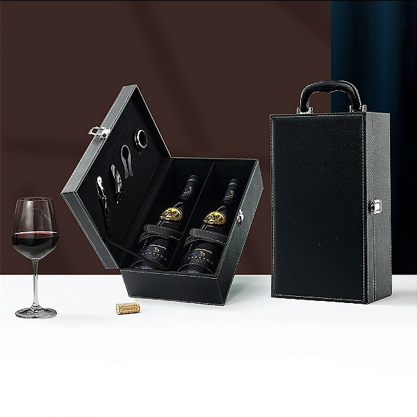 Maleta Porta Vinho Couro Sintético  para 2 Garrafas com Acessórios