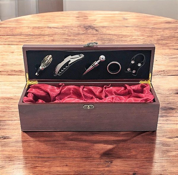 Kit Maleta Vinho Caixa 4 Acessórios Luxo Madeira