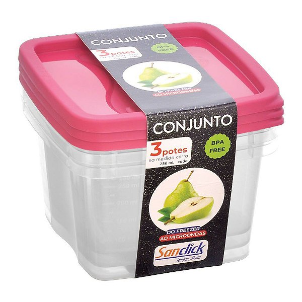 Conjunto C/ 03 Potes Quadrados Graduados 280ml